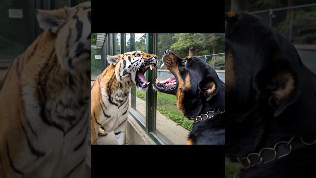 Rottweiler enters the siberian tiger cage without permission! Rottweiler enters the siberian tiger cage without permission!