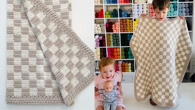 Crochet checkerboard blanket with rocky ridge border Crochet checkerboard blanket with rocky ridge border