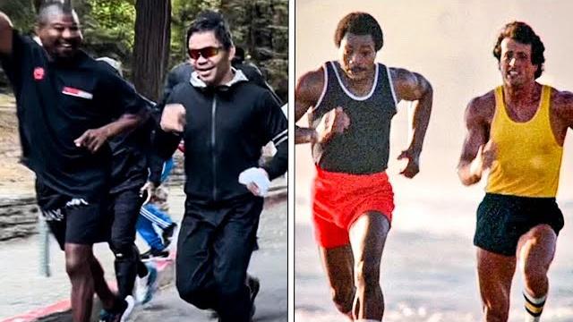 Pacquiao & mosley push each other like rocky & apollo during uphill “eye of the tiger” run Pacquiao & mosley push each other like rocky & apollo during uphill “eye of the tiger” run