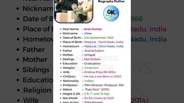 Atlee kumar(film director) biography: #shorts #short #youtube #ytshorts #biography #jawan #atlee Atlee kumar(film director) biography: #shorts #short #youtube #ytshorts #biography #jawan #atlee